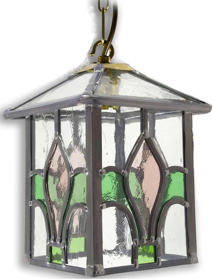 Fleur De Lis Pink / Green Leaded Stained Glass Hanging Porch Lantern