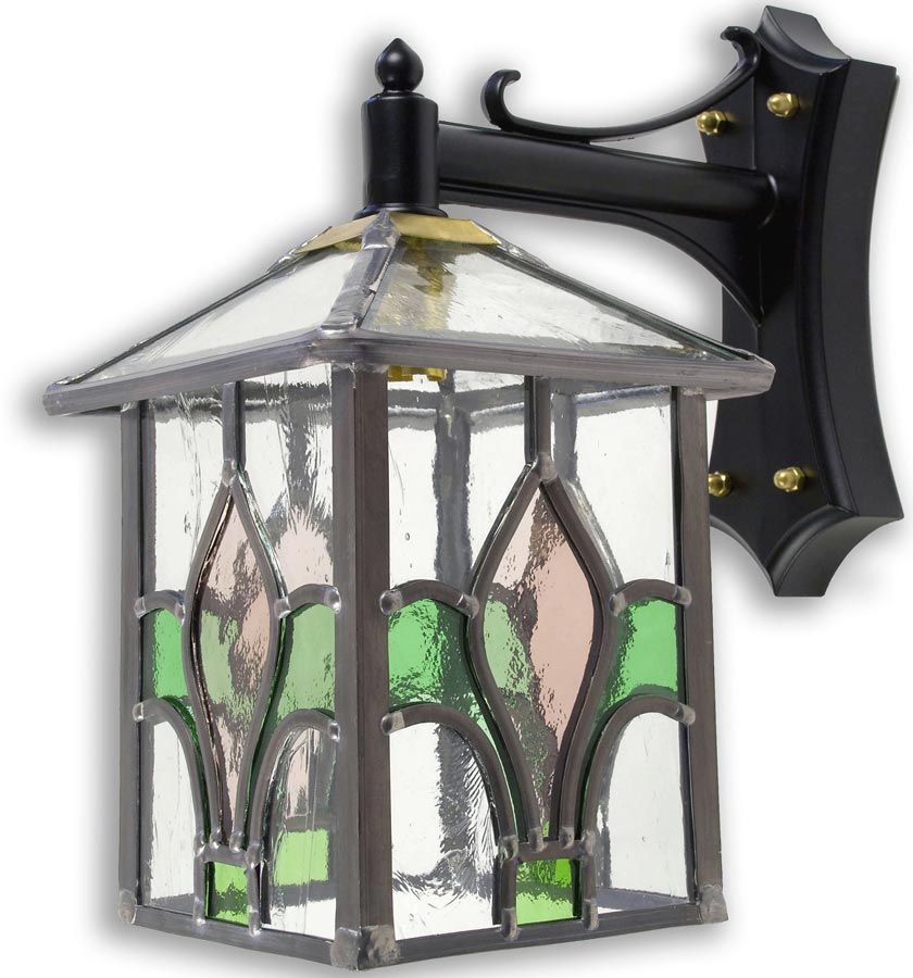 Fleur De Lis Pink / Green Leaded Stained Glass Outdoor Wall Lantern