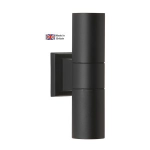 Falmouth up and down outdoor wall spotlight in matt black on white background lit