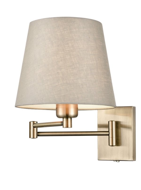 Franklite Francis dual hinged swing arm bedside wall light in bronze finish with grey shade on white background.