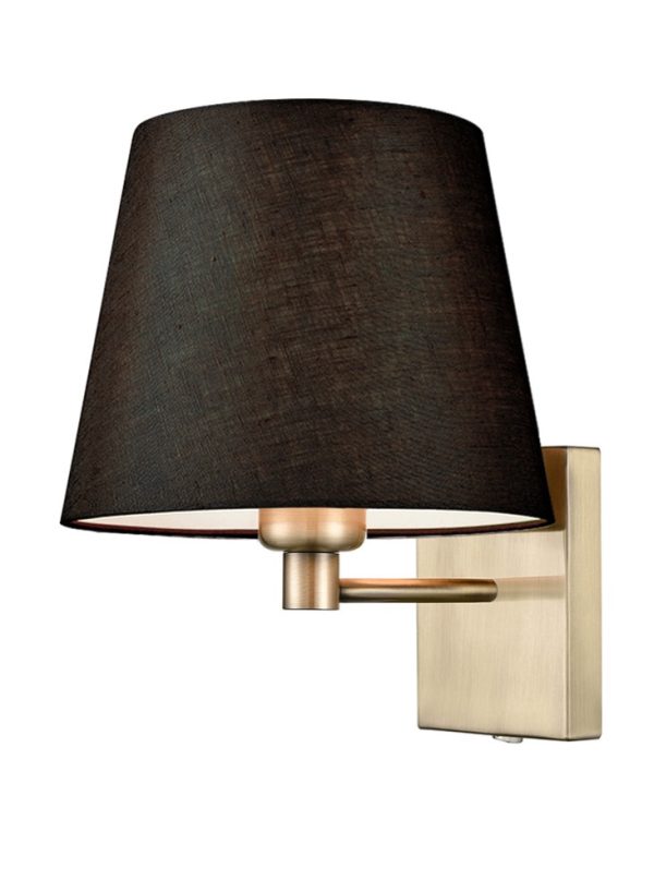 Franklite Francis switched bedside wall light in bronze finish with black shade on white background.