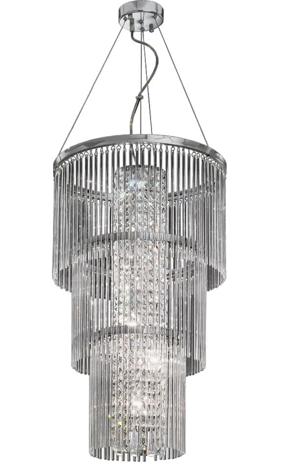 Art Deco Style 6 Light 3-Tier Ceiling Pendant Chrome Crystal Glass Rods