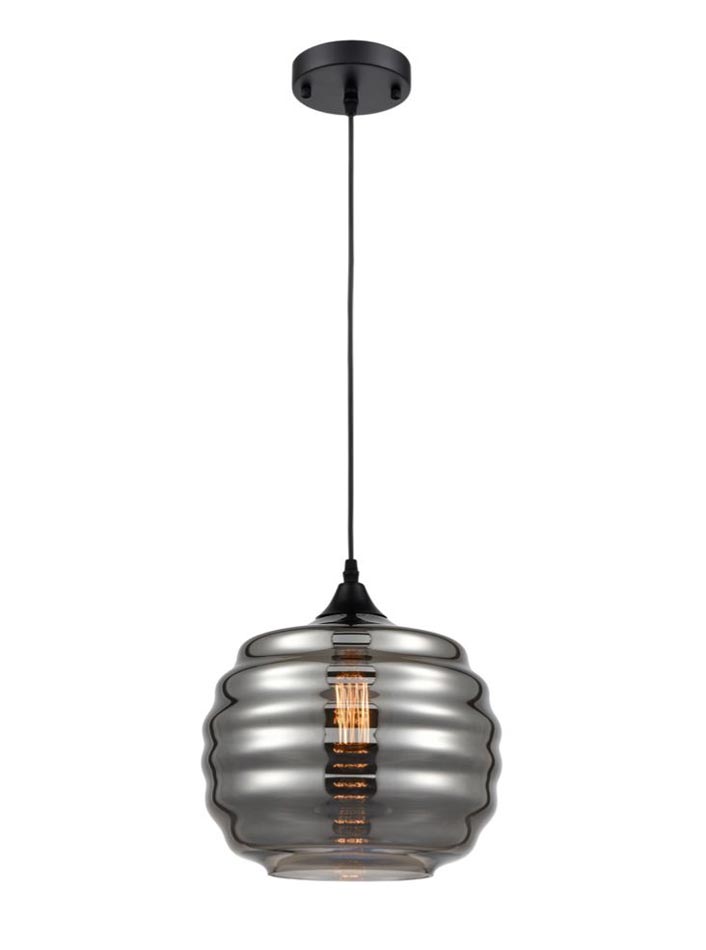 Classic Rippled Smoked Glass Single Ceiling Pendant Light Black