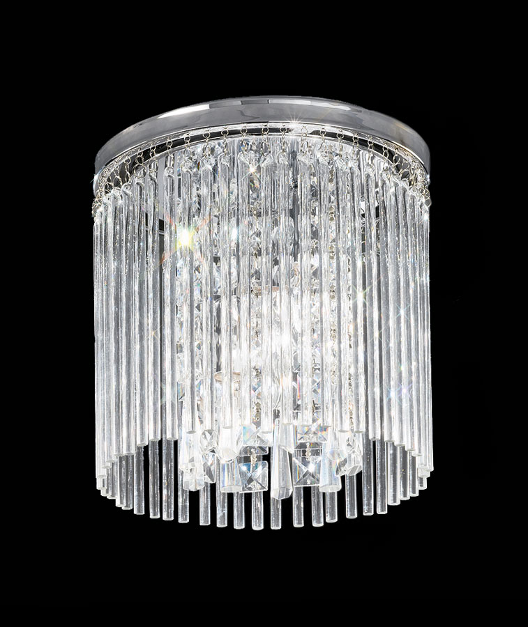 Art Deco Style 25cm Flush Bathroom Ceiling 3 Light Chrome Crystal Glass