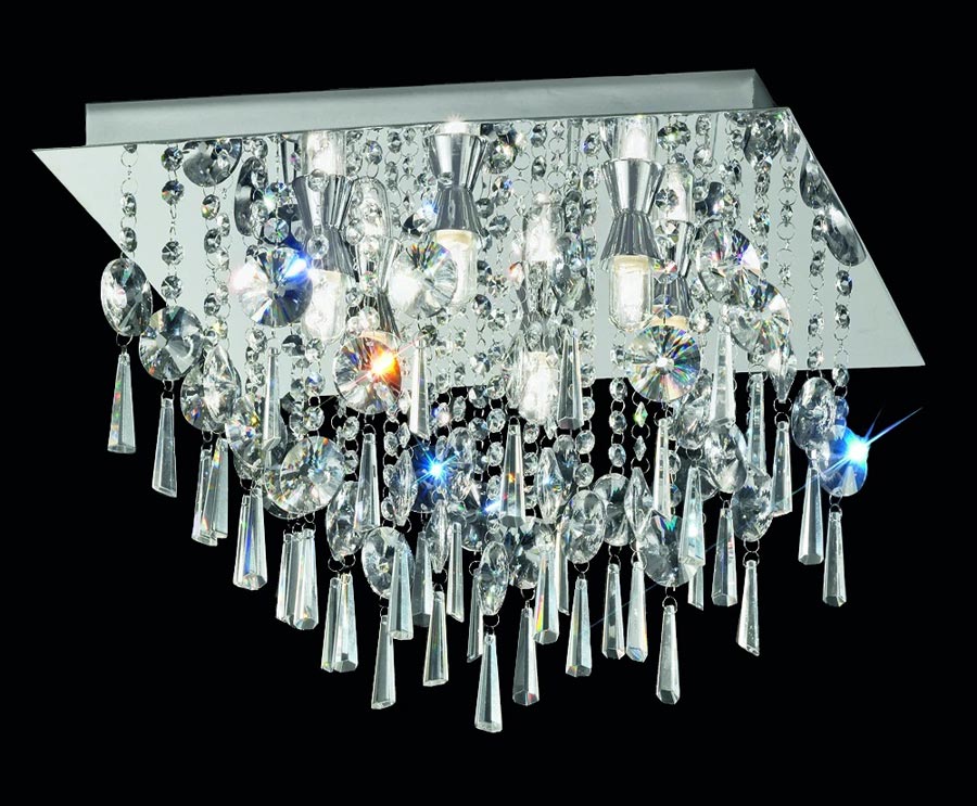 Luxury 6 Lamp 45cm Square Bathroom Ceiling Light Chrome Crystal IP44
