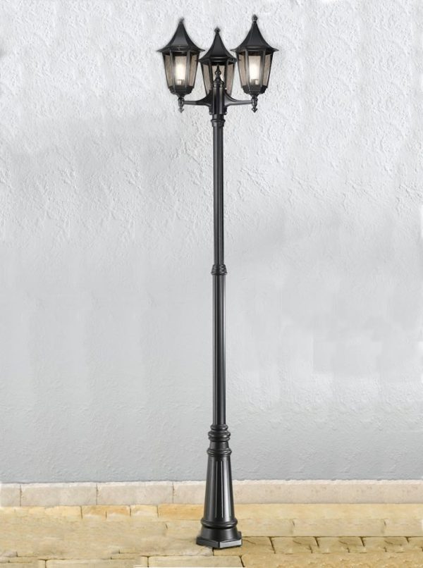Traditional 3 Light Lantern Outdoor Lamp Post Black Smoked Glass IP43