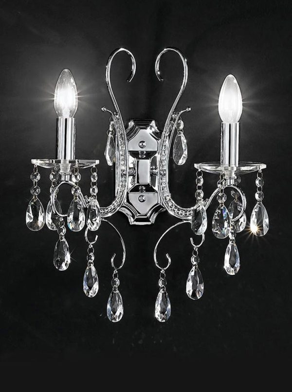 Luxurious classic 2 arm twin crystal wall light in polished chrome