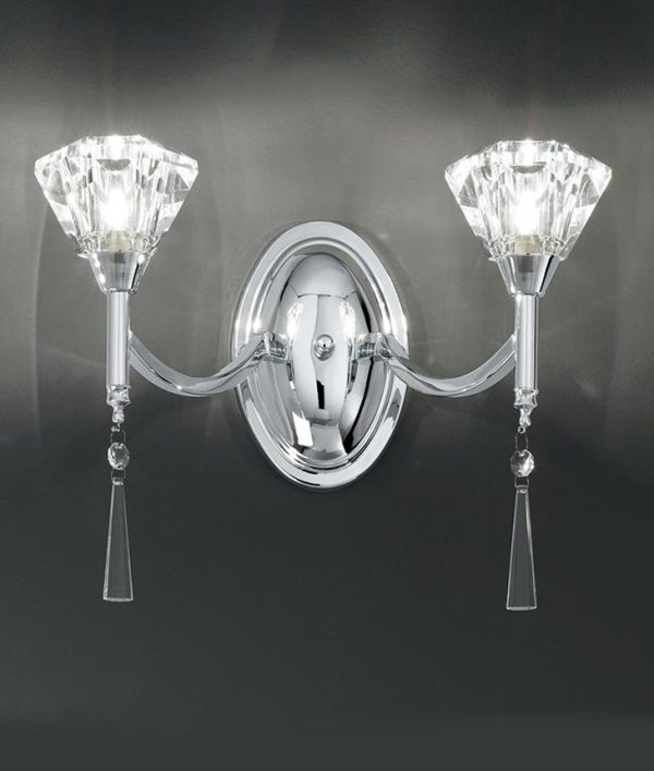 Classic 2 Lamp Twin Wall Light Polished Chrome Crystal Shades Drops