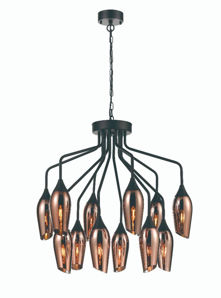 Contemporary 12 Light Chandelier Matt Black Copper Glass Taper Shades