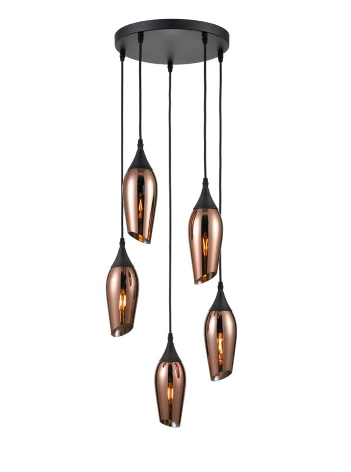 Contemporary 5 Light Ceiling Pendant Black Copper Glass Taper Shades
