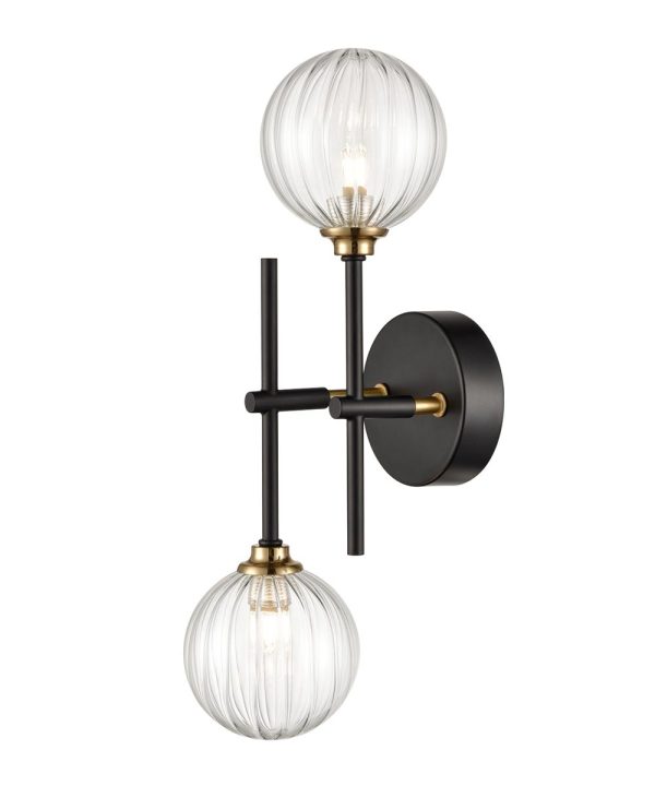 Matt black 2 lamp bathroom wall light with ribbed glass globes wall mounted