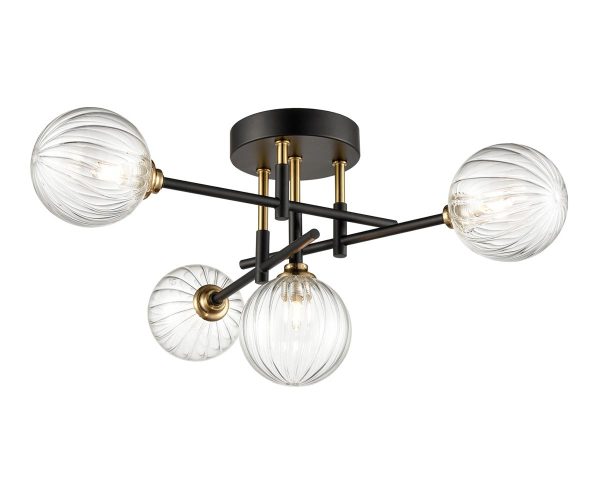 Matt black 4 lamp bathroom ceiling semi flush light with ribbed glass globes