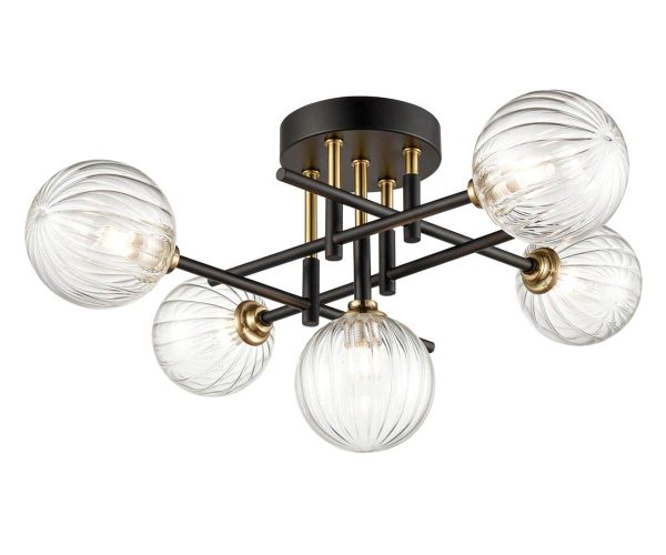 Matt black 5 lamp bathroom ceiling semi flush light with ribbed glass globes