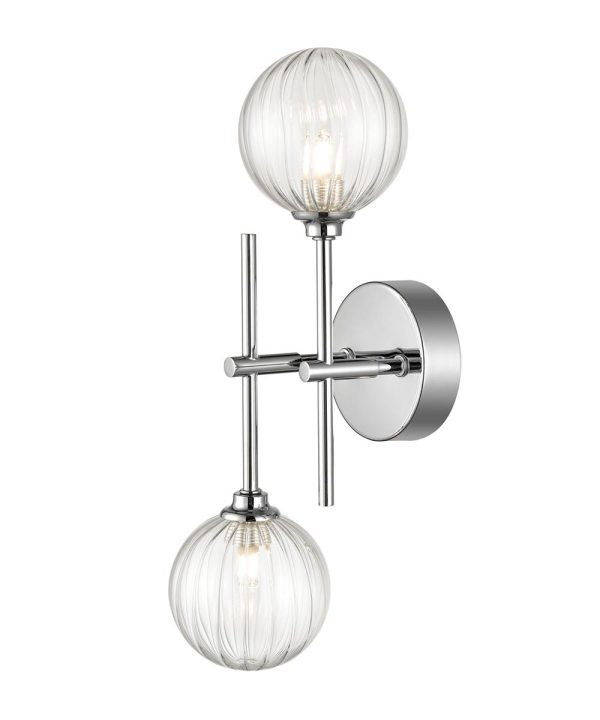 Modern industrial 2 lamp bathroom wall light in chrome with ribbed glass wall mounted