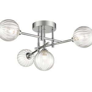 Modern industrial 4 light bathroom ceiling semi flush with ribbed glass