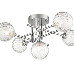 Modern industrial 5 light bathroom ceiling semi flush with ribbed glass