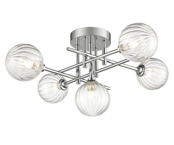 Modern industrial 5 light bathroom ceiling semi flush with ribbed glass