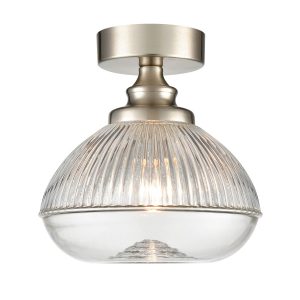 Classic 1 light clear ribbed glass flush ceiling light in satin nickel