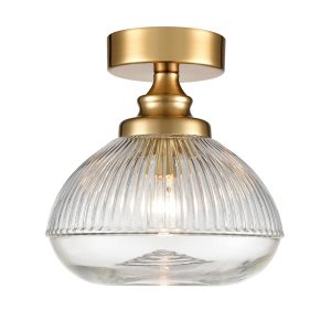 Classic 1 light clear ribbed glass flush ceiling light in brushed brass