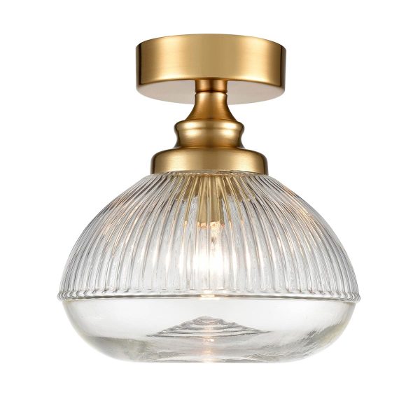 Classic 1 light clear ribbed glass flush ceiling light in brushed brass