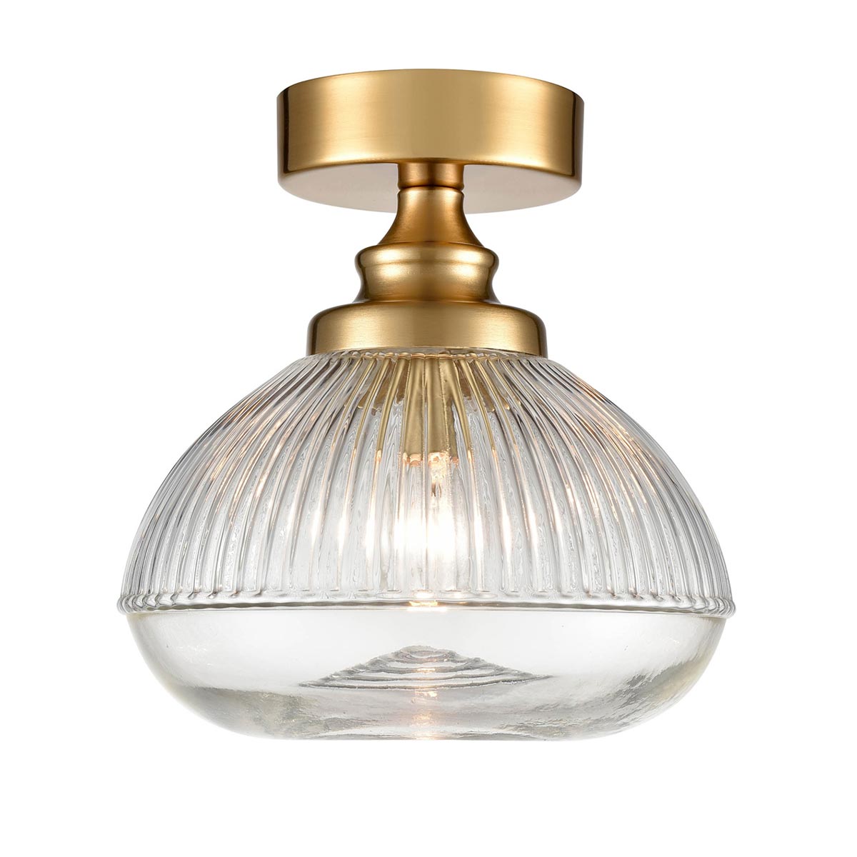 Classic 1 Light Flush Clear Ribbed Glass Low Ceiling Light Brushed Brass