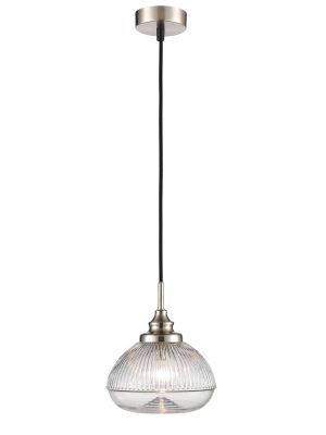 Classic 1 light clear ribbed glass ceiling pendant in satin nickel full height