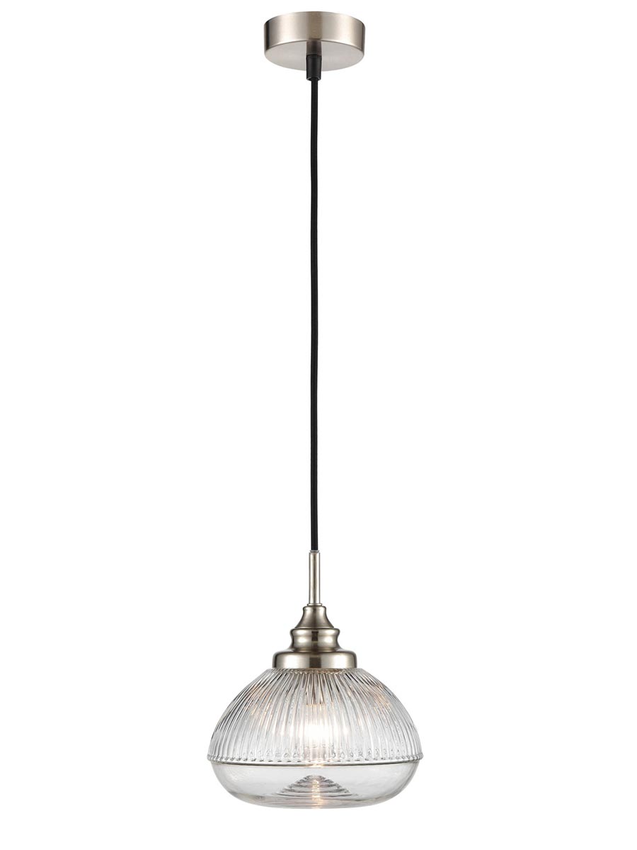 Classic 1 Light Clear Ribbed Glass Pendant Ceiling Light Satin Nickel
