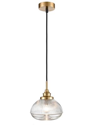 Classic 1 light clear ribbed glass ceiling pendant in brushed brass full height