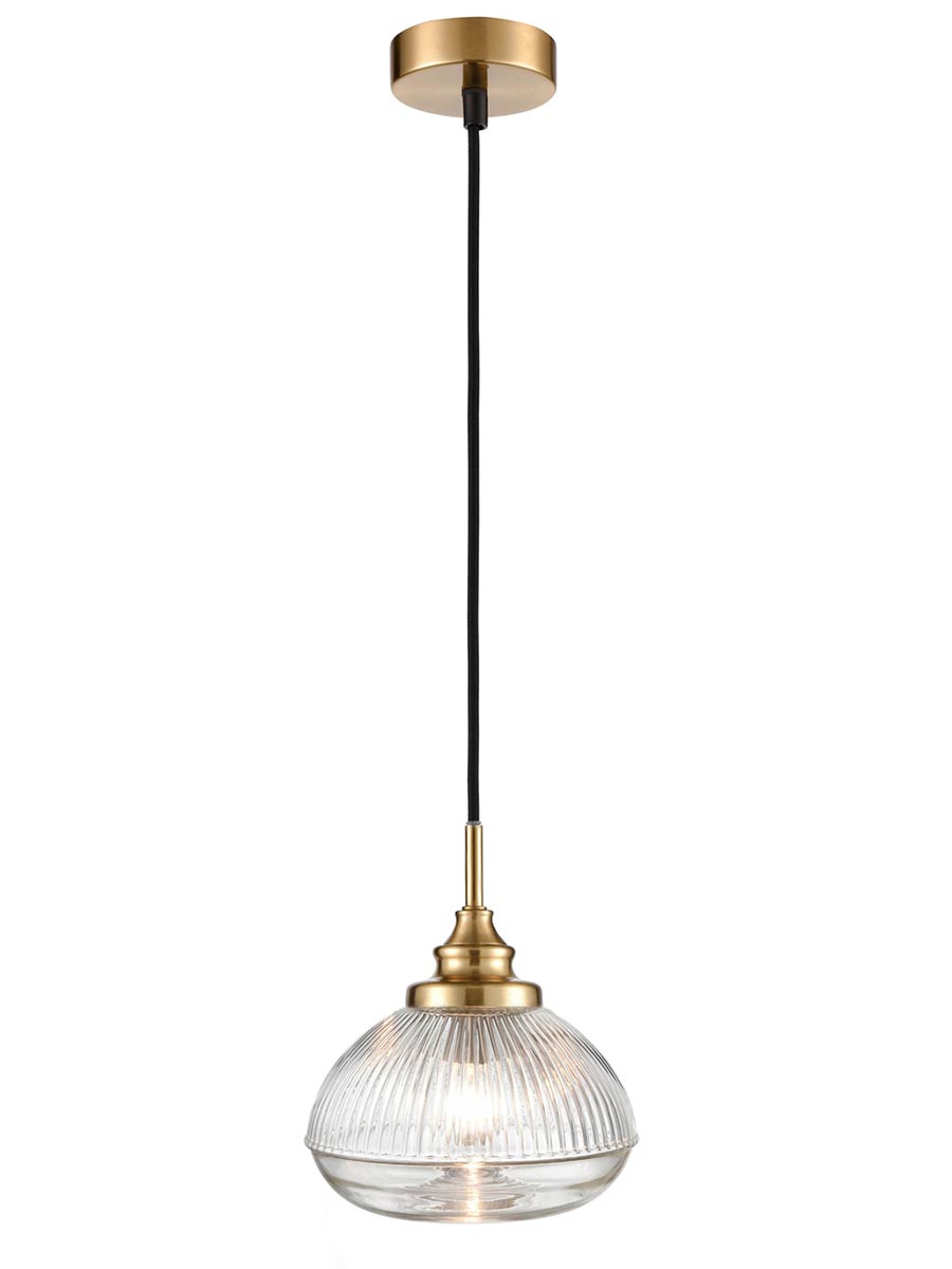 Classic 1 Light Clear Ribbed Glass Pendant Ceiling Light Brushed Brass