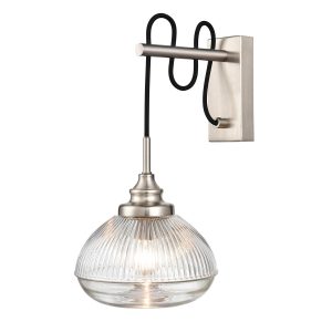 Classic 1 light clear ribbed glass hanging wall light in satin nickel