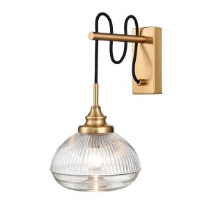 Classic 1 light clear ribbed glass hanging wall light in brushed brass