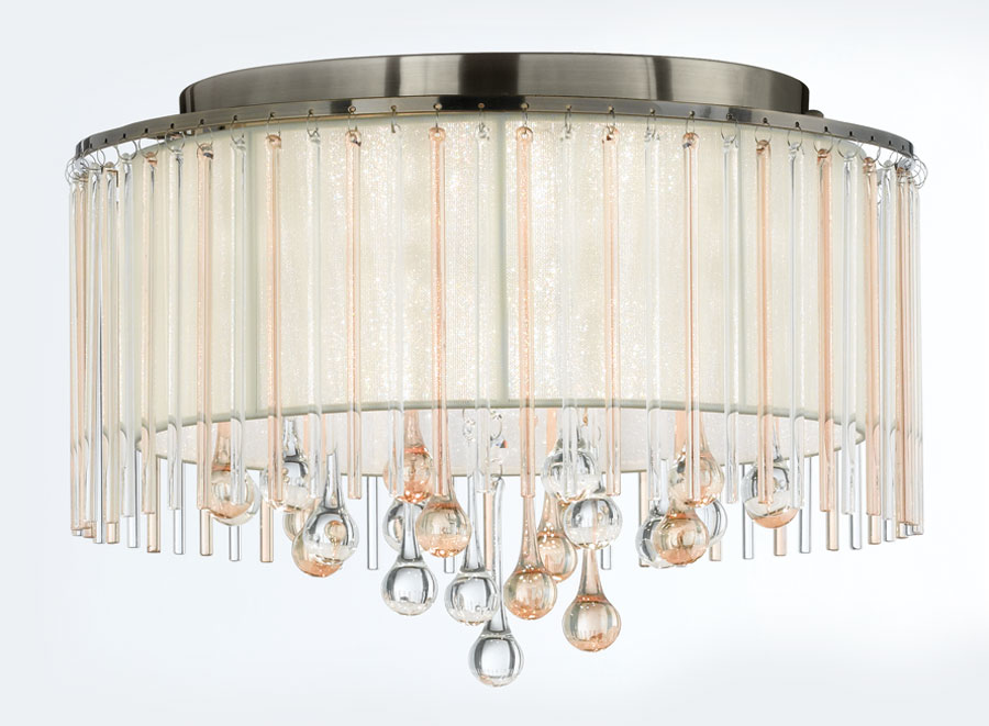 Contemporary 6 Lamp Flush Ceiling Light Bronze Cream Shade Glass Drops