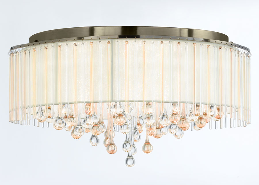 Contemporary 8 Lamp Flush Ceiling Light Bronze Cream Shade Glass Drops