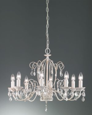 Franklite FL2355/8 Aria 8 arm ironwork chandelier in white and gold with crystal drops