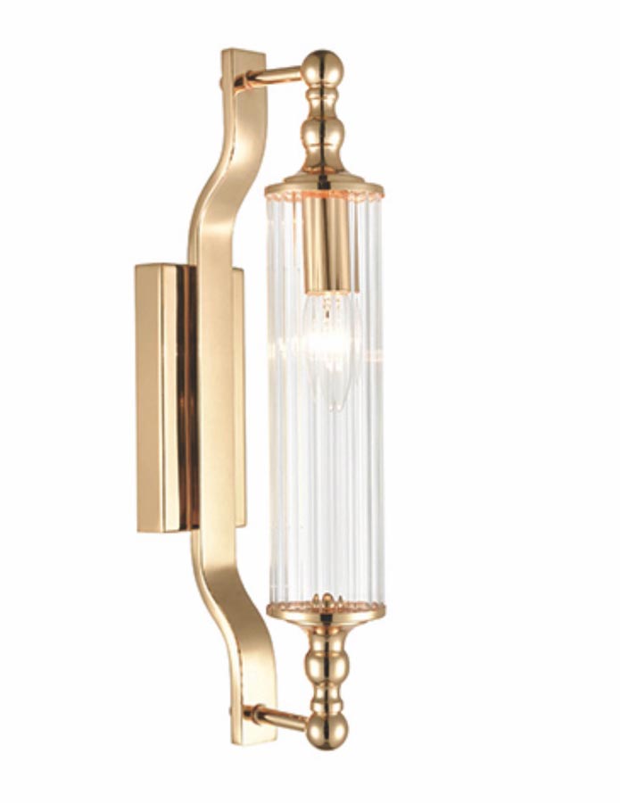 Art Deco Style Bathroom Wall Light Gold Ribbed Clear Glass IP44