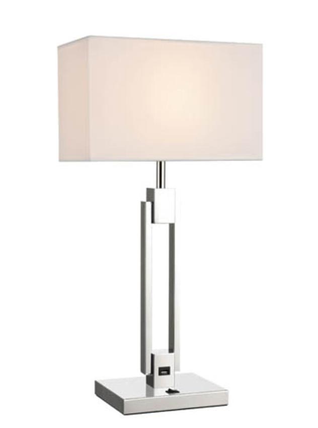 Art Deco Style Double Stem Table Lamp USB Off White Shade Chrome