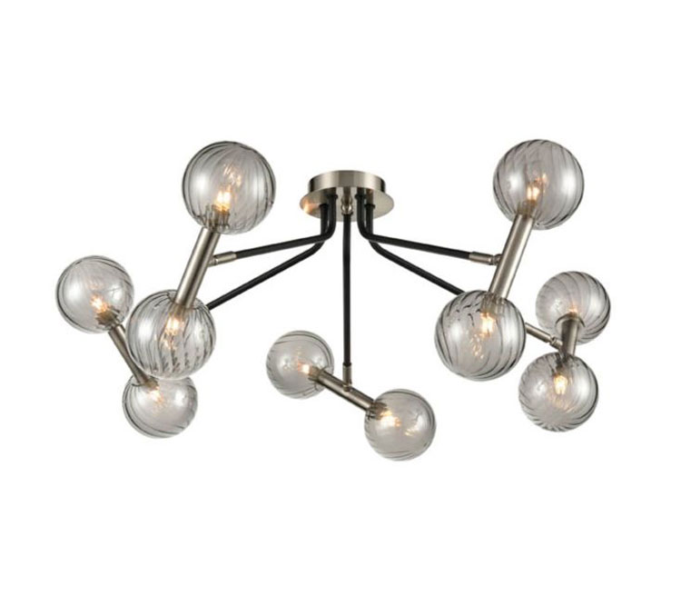 Flush 10 Lamp Low Ceiling Light Satin Nickel / Black Smoked Glass Shades