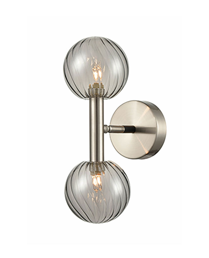 Modern 2 Lamp Wall Light Satin Nickel / Black Smoked Glass Shades