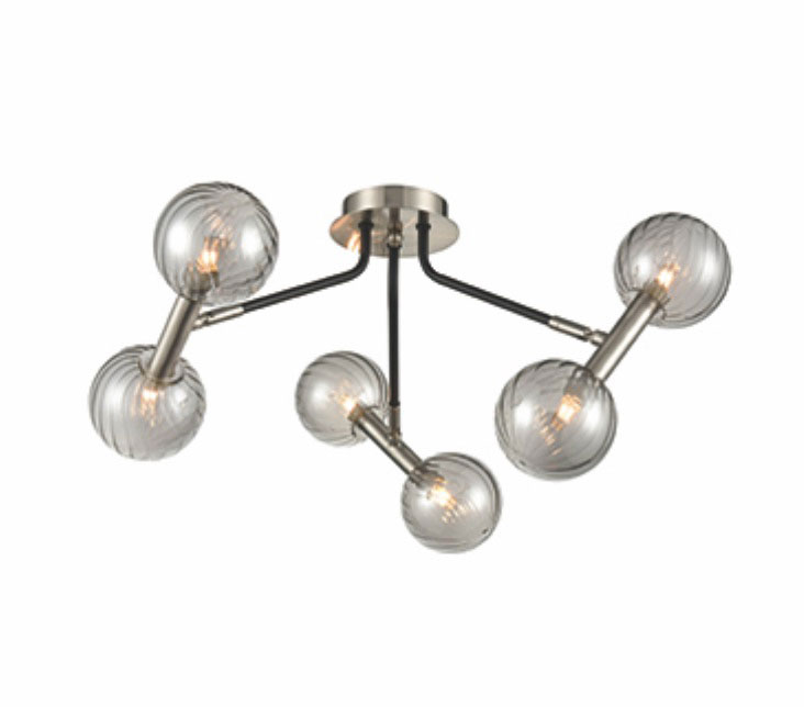 Flush 6 Lamp Low Ceiling Light Satin Nickel / Black Smoked Glass Shades