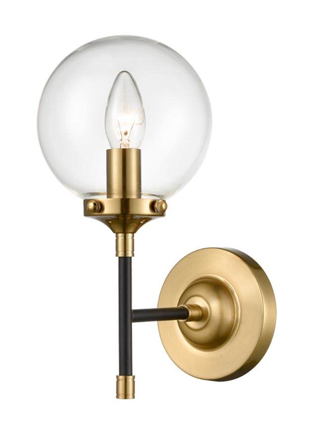 Classic 1 Lamp Single Wall Light Matt Black / Antique Gold Clear Glass