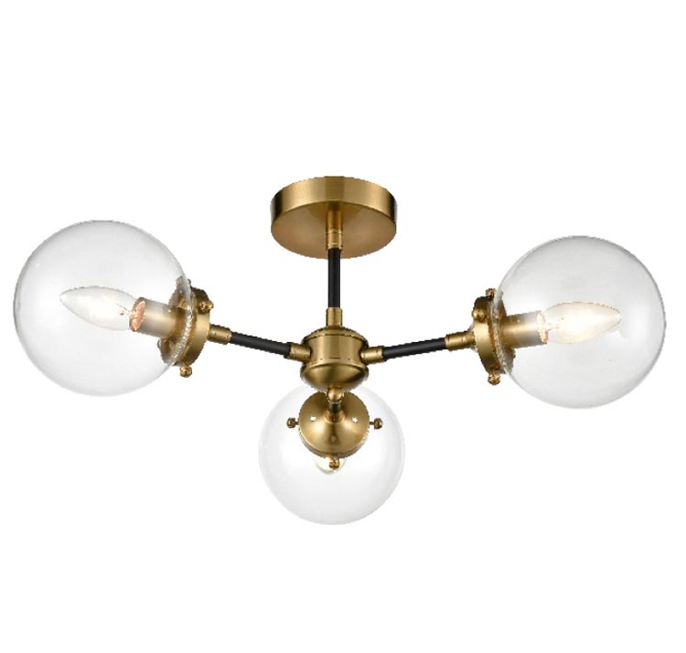 Classic 3 Lamp Semi Flush Ceiling Light Black / Antique Gold Clear Glass