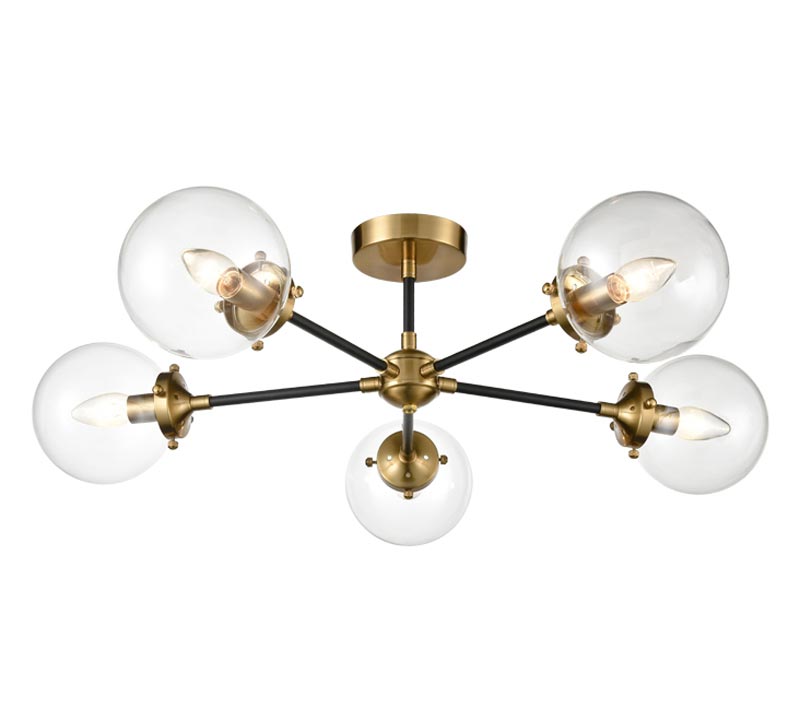 Classic 5 Lamp Semi Flush Ceiling Light Black / Antique Gold Clear Glass