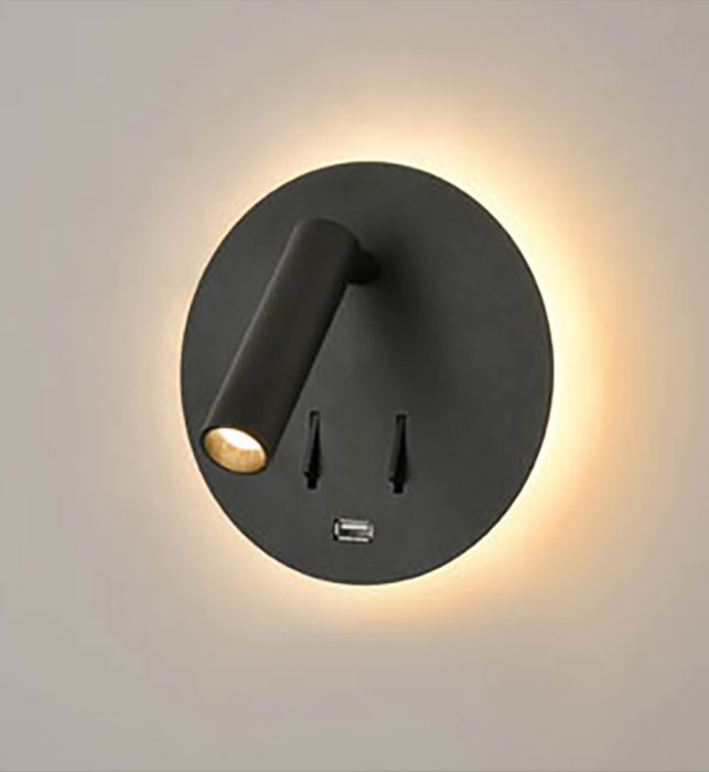 Switched LED Round Backlit Bedside Wall Reading Light Matt Black