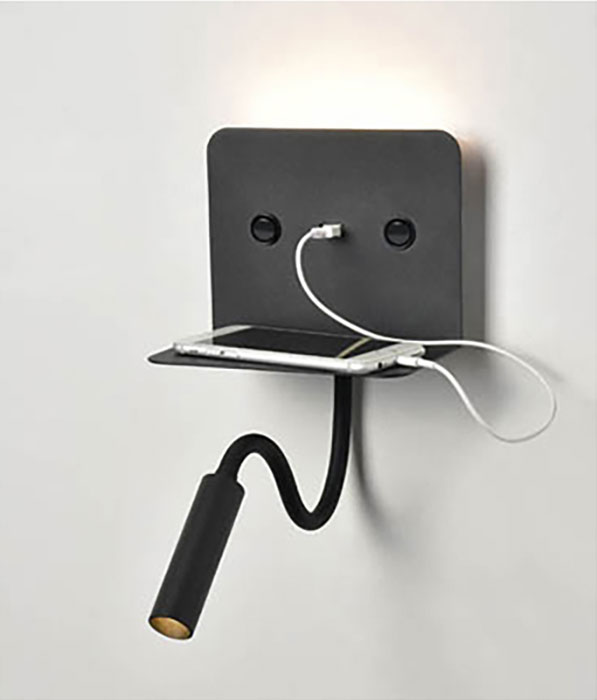 Switched LED Backlit Bedside Wall Flexible Reading Light USB Port Black