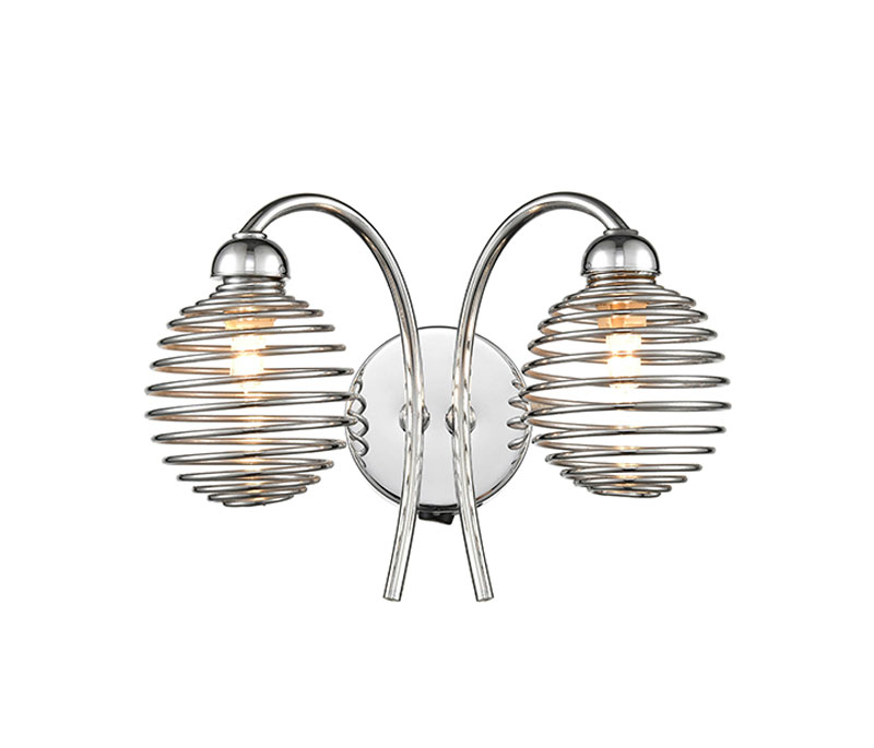 Modern 2 Lamp Switched Wall Light Polished Chrome Cage Shades