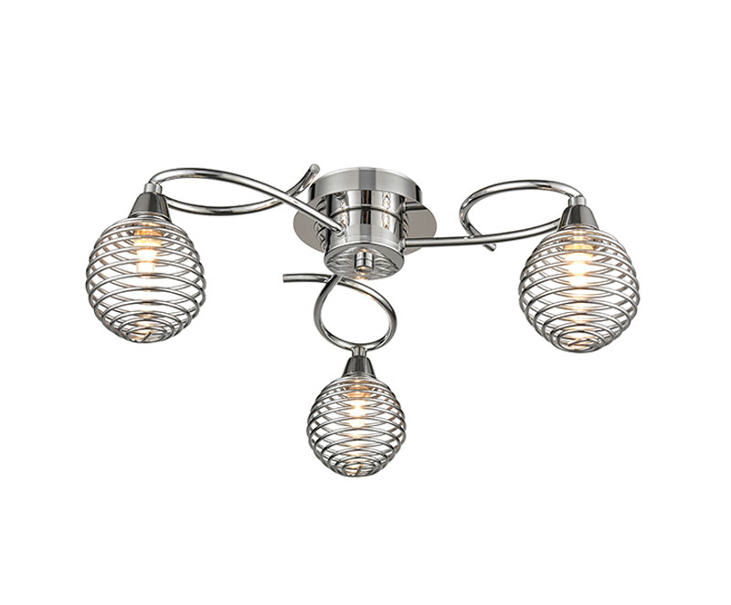 Modern 3 Lamp Flush Low Ceiling Light Polished Chrome Cage Shades