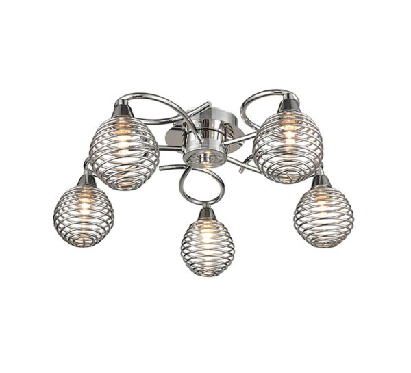 Modern 5 Lamp Flush Low Ceiling Light Polished Chrome Cage Shades