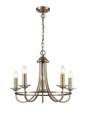 Modern quality 5 light chandelier in bronze finish with crystal candle pans