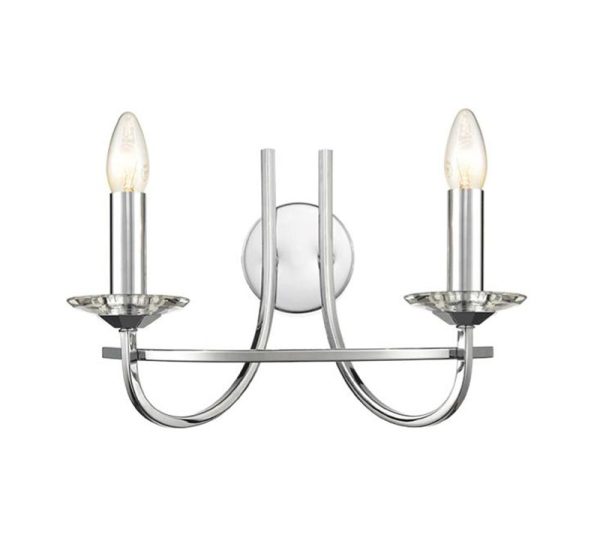 Modern 2 light twin wall light in polished chrome with crystal candle pans