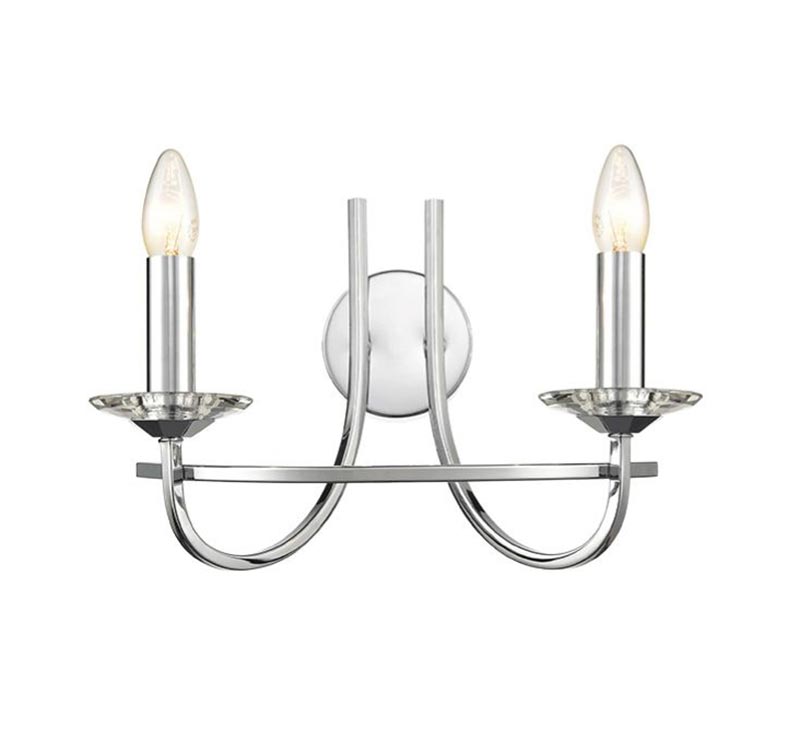 Modern 2 Light Twin Wall Light Polished Chrome Crystal Candle Pans